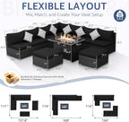 NICESOUL 10 Pcs Outdoor Sectional Set with Natural Gas/Propane Firepit Table, 29.3'' High-Back Patio Furniture Sofa Set, Oversized Rattan Couches for Backyard Garden Lawn, 2 Color Cushion Black & Gray