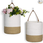 Goodpick 2pack Jute Rope Hanging Basket - Small Woven Fern Wall Hanging Baskets Flower Plants, Woven Basket Key Storage Baskets, White and Jute 7.87 x 7 x 11.7 inches