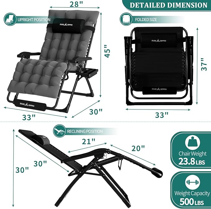 Oversized Zero Gravity Chair, 33In XXL Patio – Dark Grey, 33In