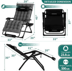 UDPATIO Oversized Zero Gravity Chair Set of 2, 33In XXL Patio Reclining Chair with Cushion, Outdoor Folding Recliner with Pillows|Cup Holder|Foot Rest|Padded Headrest, Dark Grey, Support 502LB