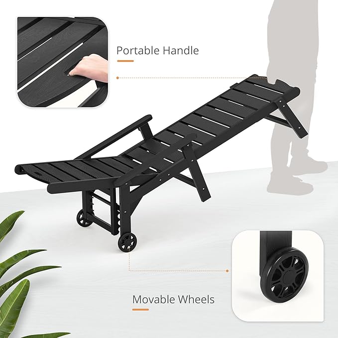 LUE BONA Chaise Lounge Chair with Table, 6-Piece, HDPS Chaise Lounger, 5 Positions Adjustable Lounge Chairs, Pool Lounge Chair with Wheels for Poolside, Backyard, Black