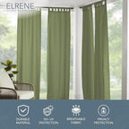 Elrene Home Fashions Matine Weatherproof Tab-Top Indoor/Outdoor Solid Color Curtain Panel for Porch, Pergola, Patio, Deck, 52”W x 108”L, Green