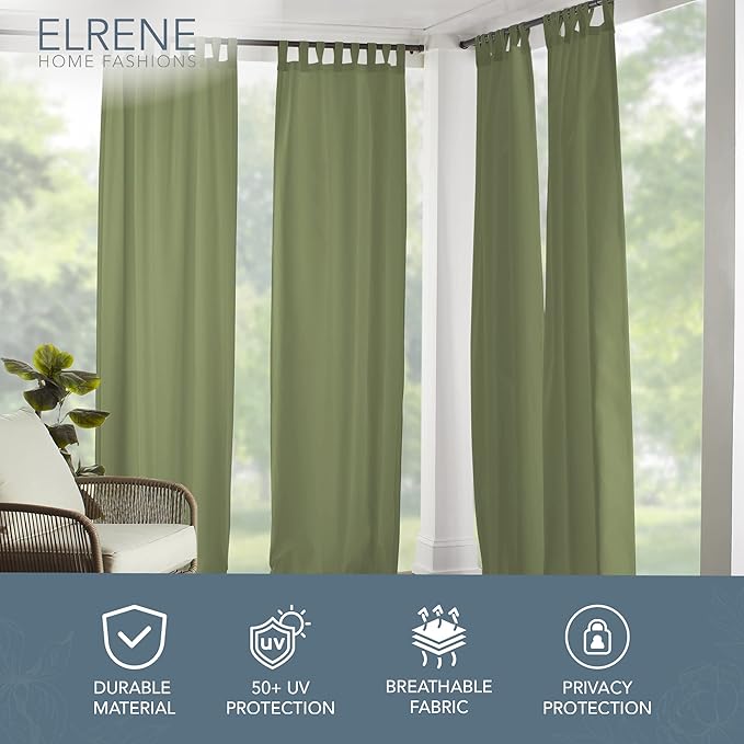 Elrene Home Fashions Matine Weatherproof Tab-Top Indoor/Outdoor Solid Color Curtain Panel for Porch, Pergola, Patio, Deck, 52”W x 108”L, Green