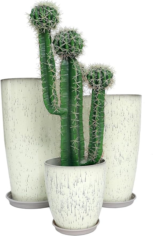 24,21,11 Inch Large Plastic Planters with Drainage Hole and Saucer - Set of 3 Tall Plant Pots Indoor Flower Pot Tall Round Planters Outdoor Large Tall Planter