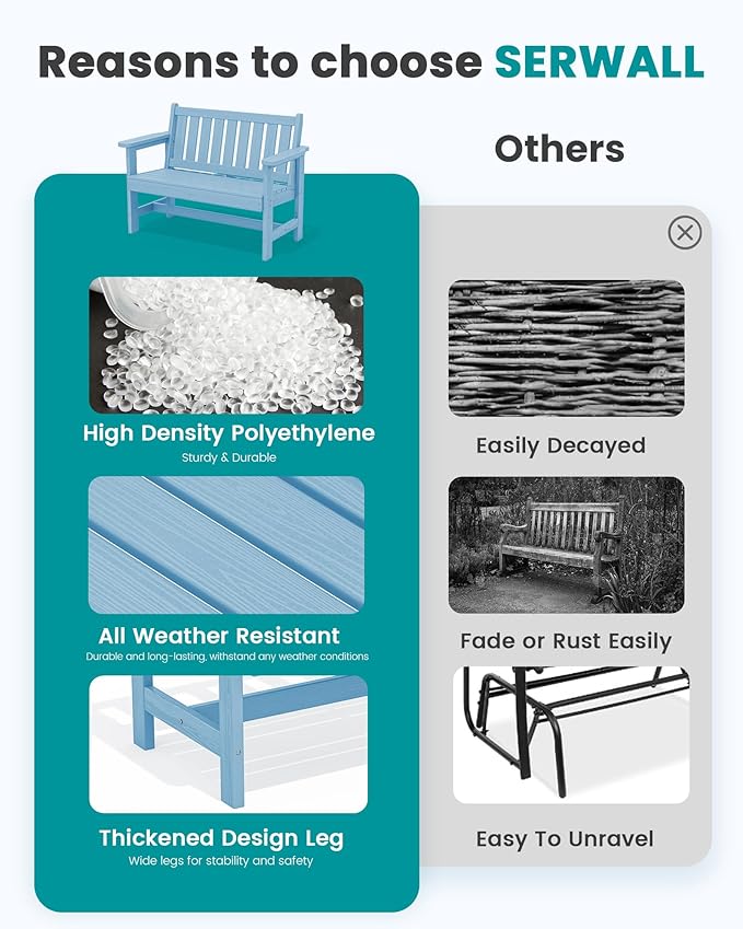 SERWALL Outdoor Bench, HDPE Outdoor Benches Weatherproof, 2-Person Garden Bench with 660 lbs Weight Capacity, Patio Benches for Outdoors, Garden, Porch, Backyard and Park, Light Blue, 6 Pack