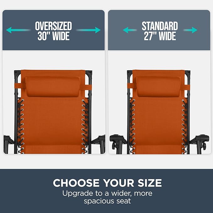 Best Choice Products 30” Wide Folding Zero Gravity Outdoor Recliner Patio Lounge Chair w/Adjustable Canopy Shade, Headrest, Side Accessory Tray - Burnt Orange