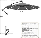 Yaheetech 10FT Solar Offset Umbrella with 32 LED Lights Cantilever Hanging Outdoor Umbrellas Handy Crank & Cross Base for Lawn/Deck/Backyard/Pool Gray