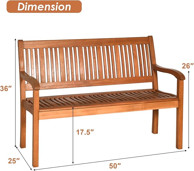 COSTWAY Wooden Bench Outdoor, Curved Armrest & Backrest, Sturdy Outdoor Wood Bench for Garden, Park & Porch, 25" D x 50" W x 36" H, Teak Colored