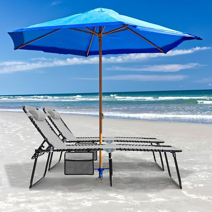 GYMAX Lounge Chairs for Outside, Extra High Folding Beach Tanning Lounger with Adjustable Backrest, Footrest & Removable Pillow, Sunbathing Lounge for Patio, Poolside (2, Grey with Pocket)