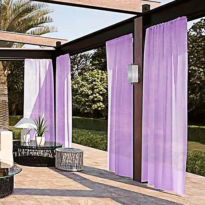 SpaceDresser Waterproof Outdoor Sheer Curtains for Patio - 4 Panels Rod Pocket Indoor Voile Sheer Curtain for Living Room,52W x 108L inch, Lavender
