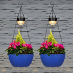 BAYN 2 Packs Solar Hanging Basket Planters for Plants Outdoor, Self Watering Blue Flower Plants Pots with Solar Light Drainer for Balcony Patio Garden Outdoor Decoration