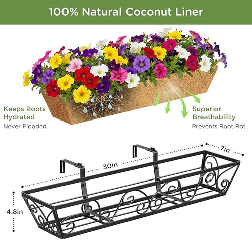 4pcs 30 Inch Window Deck with Coco Liner, 30" Window Boxes Horse Trough with Coconut Coir Liner, Metal Hanging Flower Planter Window Basket Deck Railing Planter Boxes for Outdoor Indoor Lawn