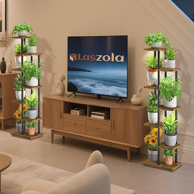 LASZOLA Black 6 Tier Wood Tall Plant Stand Indoor with Grow Lights, Large Heavy Duty Vertical Corner Rack for Multiple Planter, Sturdy Metal Rustic High Flower Shelf Holder Organizer for House Patio
