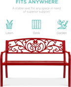 Best Choice Products Outdoor Bench Steel Garden Patio Porch Furniture for Lawn, Park, Deck w/Floral Design Backrest, Slatted Seat - Red