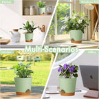 7/6.5/6/5.5/5/4 inch Self Watering Pots for Indoor Outdoor Plants, 6 Pack Plastic Flower Planters with Drainage Holes and Removable Saucers, Plant Pots with Wicking Rope, Green Brown