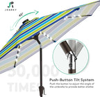 JEAREY 9FT Outdoor Patio Umbrella with Solar Lights, LED Lighted Pool Umbrella with Tilt and Crank, Outdoor Table Umbrellas for Deck, Yard & Market (Blue Green Striped)