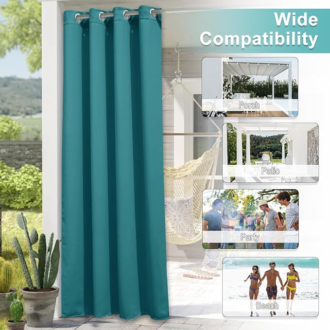 NICETOWN 2 Panels Outdoor Patio Curtains Waterproof 72 inches Long, Rustproof Grommet Pergola Curtains Thermal Curtains Indoor Outdoor Window Drapes for Porch/Gazebo, Peacock Teal, W52 x L72