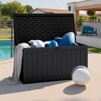 JUMMICO 160 Gallon Resin Outdoor Storage Deck Box with Divider, Waterproof Storage Box&Bench with Lockable Lid for Garden Tools, Pools Supplies (Black)