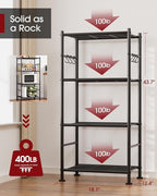 Storage Shelves - 4-Tier Large Capacity Shelf Organizer with Hooks, Heavy-Duty Garage Shelving with Leveling Feet, Wobble-Free Rack for Bedroom, Balcony, Garage, 18.1"×12.4"×43.7", Black