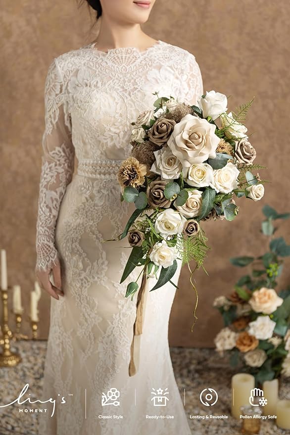 Artificial Cascade Bridal Bouquet in Brown and Beige, 13 x 20 Inches