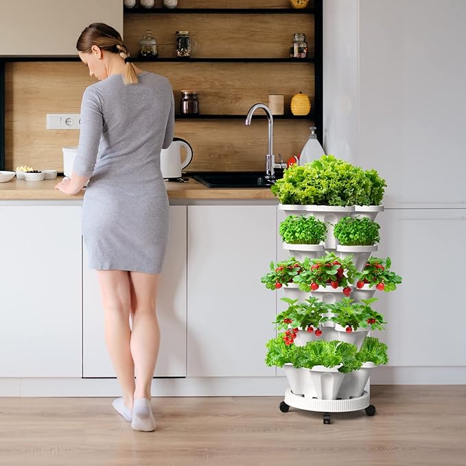 6 Tiered Strawberry Vertical Planters, Stacking Tower Garden with Support Pole, Stackable Herb Vegetable Planters Indoor and Outdoor - White
