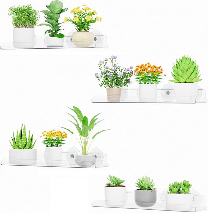 Lifewit Window Plant Floating Shelves 14.6x3.6, 4 Pack Acrylic Suction Cup Shelf, Window Sill Extender for Indoor Succulent Plants, Micro Greens, Seed Starter Pots, Herb Planters 37 x 9 cm/14.6x3.6