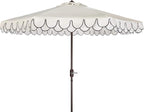 SAFAVIEH 9ft Outdoor Patio Umbrella, Round, Valance, Ivory & Black Trim, Auto Crank Tilt, UV Resistant for Deck, Backyard, Poolside (PAT8006E)