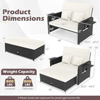 Tangkula Patio Rattan Daybed with 4-Level Adjustable Backrest, Outdoor PE Wicker Loveseat with Storage Ottoman & Folding Side Tray, Double Sunbed Lounger for Balcony, Backyard & Poolside (White)