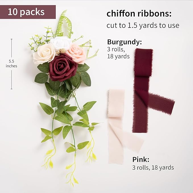 Artificial Flowers Burgundy Wedding Pew Bows, Set of 10 with Ribbon Ties