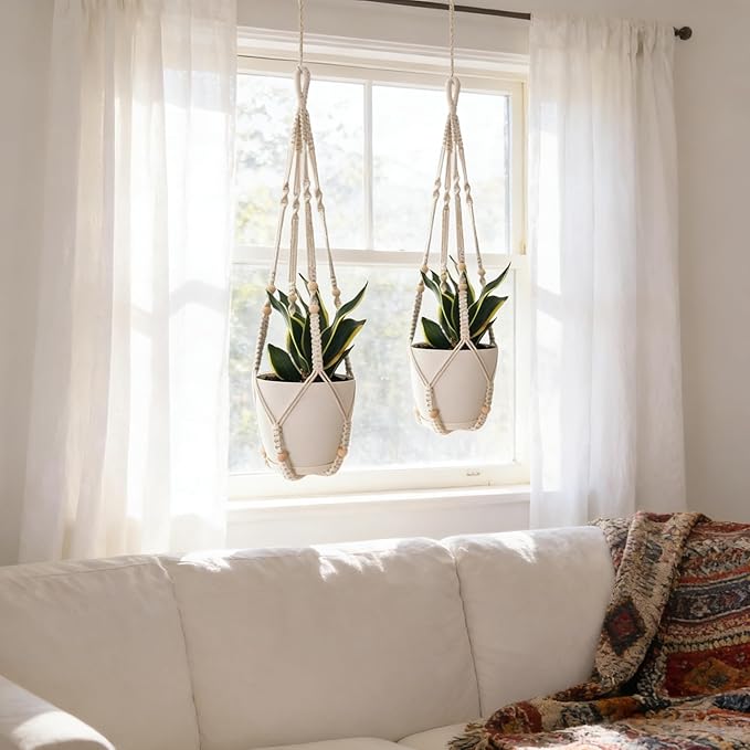 Macrame Plant Hanger for 4-12 Inch Pot Indoor Crochet Hanging Plant Holder Outdoor Boho Home Decor Basket wall Window Rope White Large Long (Ivory)