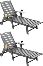 Carauci Lounge Chair Outdoor Set of 2, HDPE Chaise Lounge with Wheels, 5-Position Adjustable Backrest & 2 Cup Holders Patio Lounge Chair, All-Weather Pool Sun Lounger for Poolside, Backyard, Grey