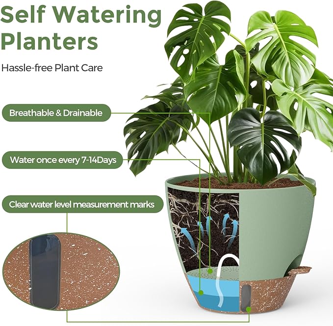 Plant Pots, 12" 10" 6" 8" Inch Self Watering Pots with Water Level Indicator, Set of 5 Flower Pots Indoor with Drainage Holes, Modern Planters for Indoor Outdoor Plants, Room & Office Décor