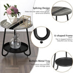 2 Tier Coffee Table in Living Room, Industrial Style Round Coffee Table with Metal Tray, Wood Small Outdoor Coffee Table for Bedroom Balcony Patio, Gray