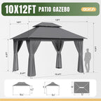 Aoxun Outdoor Gazebo for Patio 10x12, Metal Frame Canopy with Double Roofs, Heavy Duty Party Tent and Shelter with Mosquito Netting and Privacy Screen for Backyard, Lawn, Garden, Deck