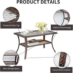 VINGLI Outdoor Coffee Table with Storage Wicker Patio Coffee Table, Tempered Glass Top Coffee Table for Patio Outside Balcony Porch Deck (Brown)