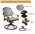 5-Piece Cast Aluminum Outdoor Patio Dining Set, All Weather Cast Aluminum Outdoor Furniture Dining Set for Patio, Balcony, Garden, Backyard w/4 Swivel Chairs & Cushions, 2.0" Umbrella Hole