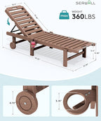 SERWALL Patio Chaise Lounge Set of 4, HDPE Outdoor Lounge Chair with Cup Holder, 5 Positions Adjustable Poly Lounger with Rolling Wheels for Poolside, Deck, Sunbathing, Brown