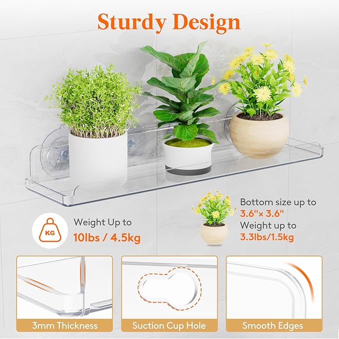 Lifewit Window Plant Floating Shelves 14.6x3.6, 4 Pack Acrylic Suction Cup Shelf, Window Sill Extender for Indoor Succulent Plants, Micro Greens, Seed Starter Pots, Herb Planters 37 x 9 cm/14.6x3.6