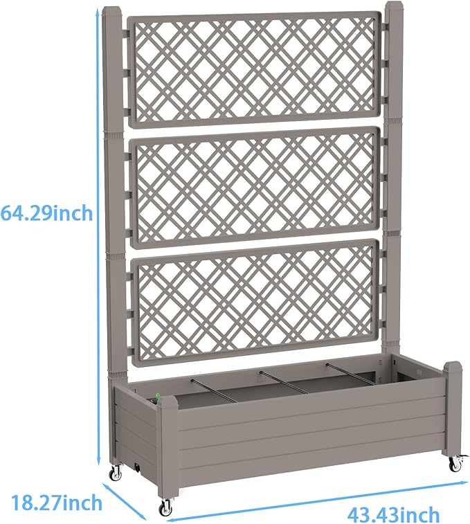 Mobile Garden Planter with Trellis & Lockable Wheels, Outdoor Raised Bed with Drainage & Water Gauge, Weather-Resistant Resin for Patio, Balcony, Yard, Dust-Resistant (Grey, 43.43*18.27*64.29)