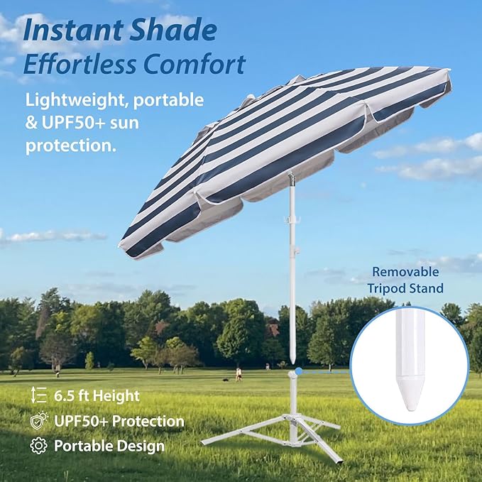 AMMSUN Shade Umbrella, Premium Portable Umbrella with Stand, 6.5ft Lightweight Free Standing Canopy for Sporting Games, Adjustable Instant Sun Protection and Easy to Carry, Stripe Blue