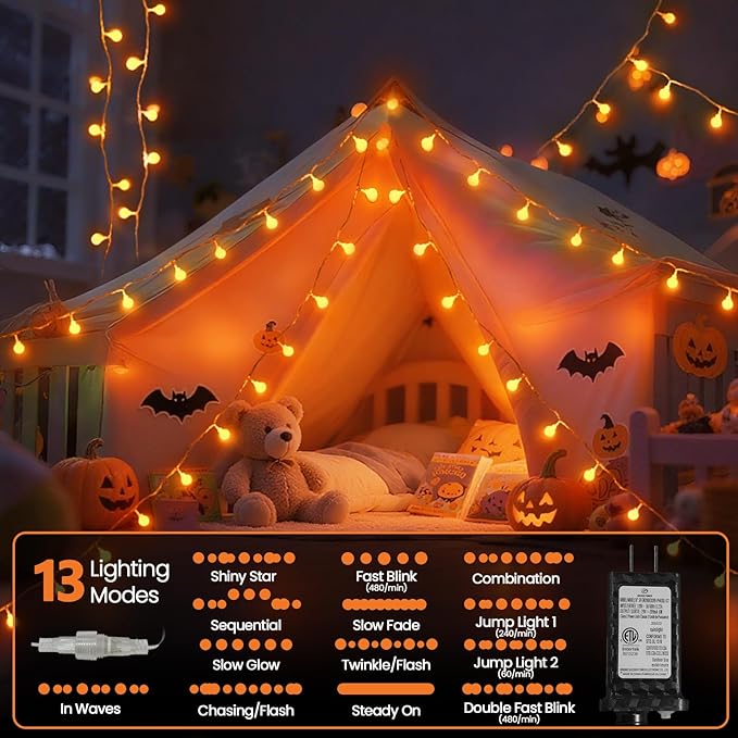 String Lights, 100 Orange LEDs, 43 FT Connectable Halloween Decor