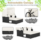 Tangkula Patio Rattan Daybed with Retractable Canopy, Outdoor Wicker Sunbed Lounger with 2 Foldable Side Tables, Thick Seat & Back Cushions, Double Daybed for Garden, Backyard, Porch (Off White)