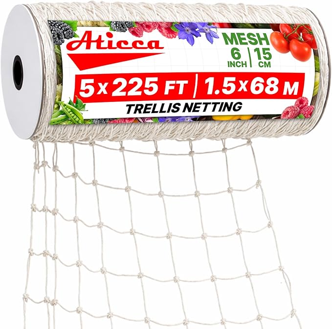 Trellis Netting 5 x 225 ft Heavy Duty Polyester Plant Support Netting White - 6 Inch Garden Rope Trellis on Roll - Mesh Twine for Growing Vine Climbing Plants, Flowers, Peas, and Tomatoes.