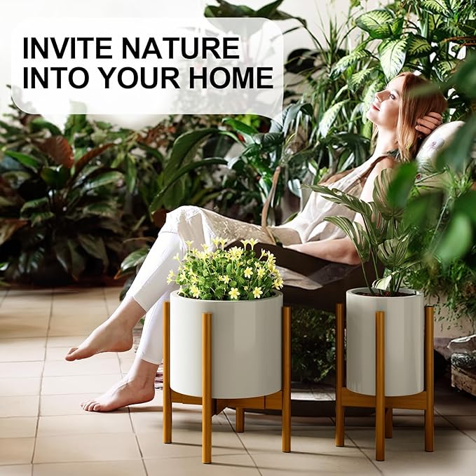 MUDEELA Plant Stand for Indoor Plants: Adjustable Width Fits 8-12 Inch Pots - Mid-century Modern Bamboo Plant Stand - 14.5 Inch Single Tier Small Floor Plant Holder, Pale Brown, 1 Pack (Without Pot)