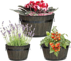 Idzo Set of 3 Wooden Flower Planters for Outdoor Plants, Acacia Wood Barrel Planters, Ergonomic Handles, Drainage Holes, Various Sizes, Black