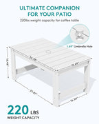 SERWALL Outdoor Coffee Table with 9FT Umbrella, HDPE Patio Coffee Table for Outside, Rectangle, White(Not Include Umbrella Base)