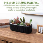 MyGift 12 Inch Ceramic Succulent Planter, Oval Matte Black Planter Pot with Drainage Holes, Indoor Plants Flower Herb Garden Pot Window Box