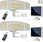 Energetic Solar Outdoor Lights, 1800LM 150 LED Security Motion Sensor Outdoor Lights with Remote Control, IP65 Waterproof Floodlight, 3 Head Motion Detected Spotlight for Garage, Pack of 2 (White)