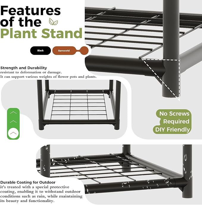 Bamworld Black Plant Stand Indoor Outdoor Corner Plant Shelf 54.7" Tall Plant Table Metal Large Plant Holder for Multiple Plants Patio Balcony Garden Office Home Decor
