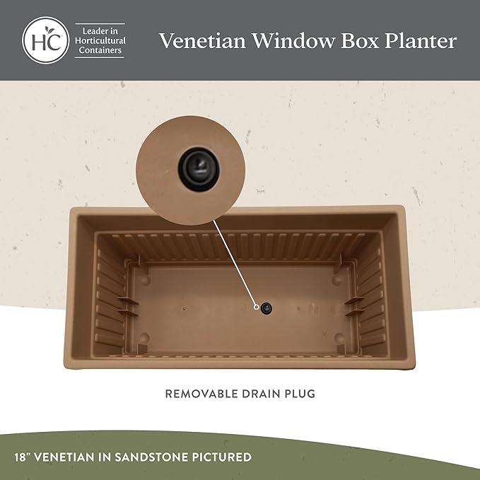 The HC Companies Venetian Window Planter Box w/Drain Plug - Long Planter Box for Windowsills, Balconies & More - Plastic Rectangular Outdoor Planters for Herbs & Flowers (18" Sandstone, Pack of 1)